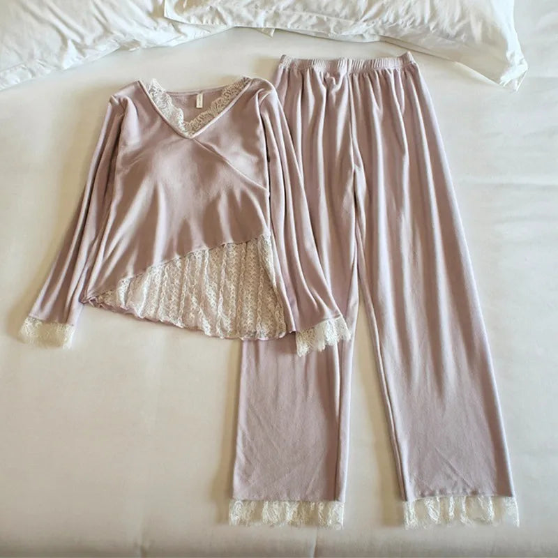 Chest Pad Top Pant Suit New Island Velvet Warm Pajama Woman Winter Sleepwear Set Thick Lace Sweet Night Women's Home Clothes
