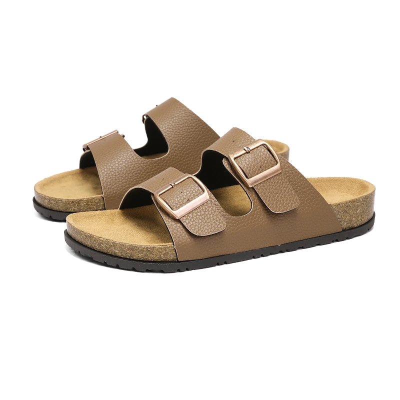 Men's Adjustable Double Buckle Cork Footbed Slide Sandals Casual Leather Open Toe Flat Slip on Summer Walking Beach Slide Shoes