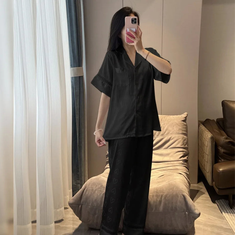 Thin Nightwear 2 Piece Nighty Pajama Set Women's Sleepwear Summer Short Sleeve Long Pants Buttons Lapel Top Pijamas Home Suit