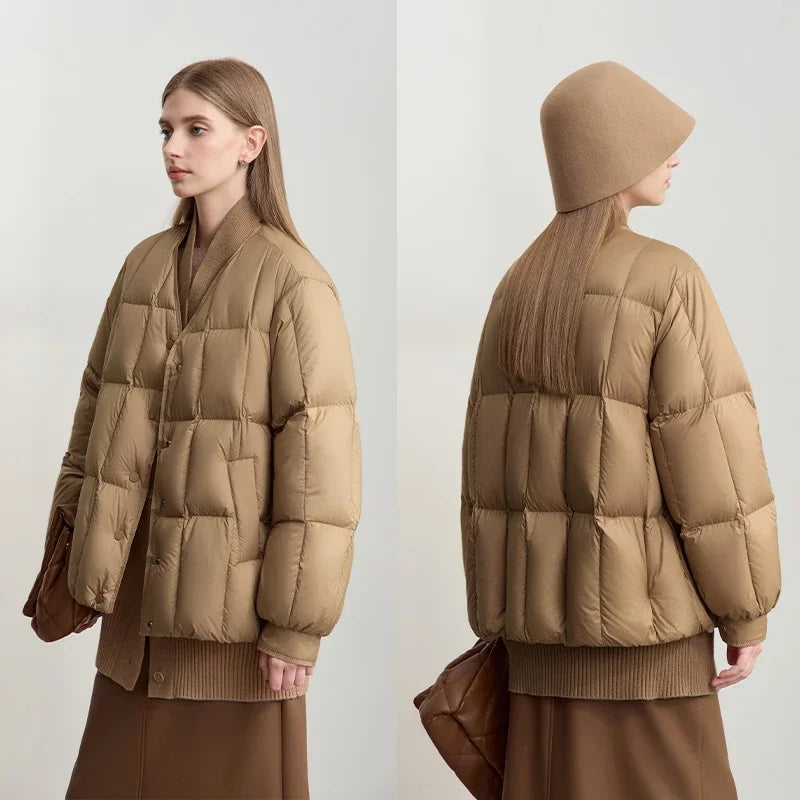 AMII 2026 Winter New Women's Shoulder Sleeves Thickened Collision Material Splicing Wool Fake Two-piece Down Jacket 12444054