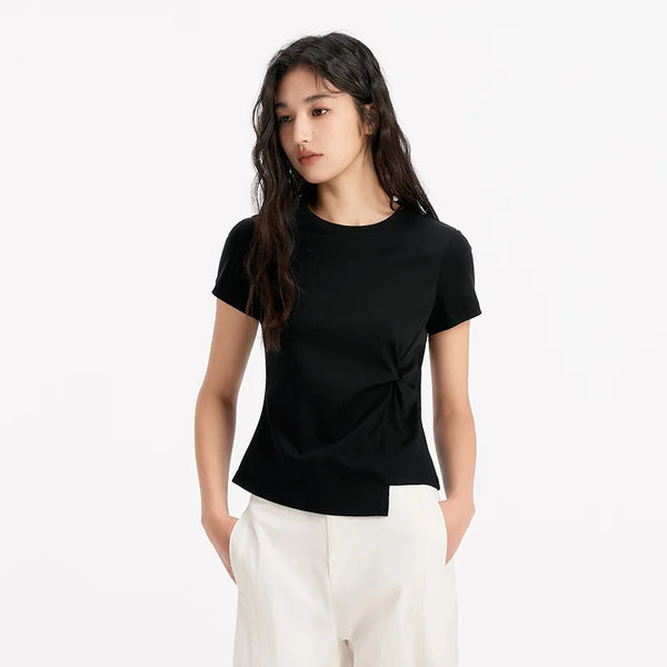 អាវយឺតនារី Semir ឆ្នាំ ២០២៦ ស្ទីលខ្លី ស្ដើង ធម្មតា រចនាបែបក្រវ៉ាត់ក មិនស្មើគ្នា ធម្មតា ទន់