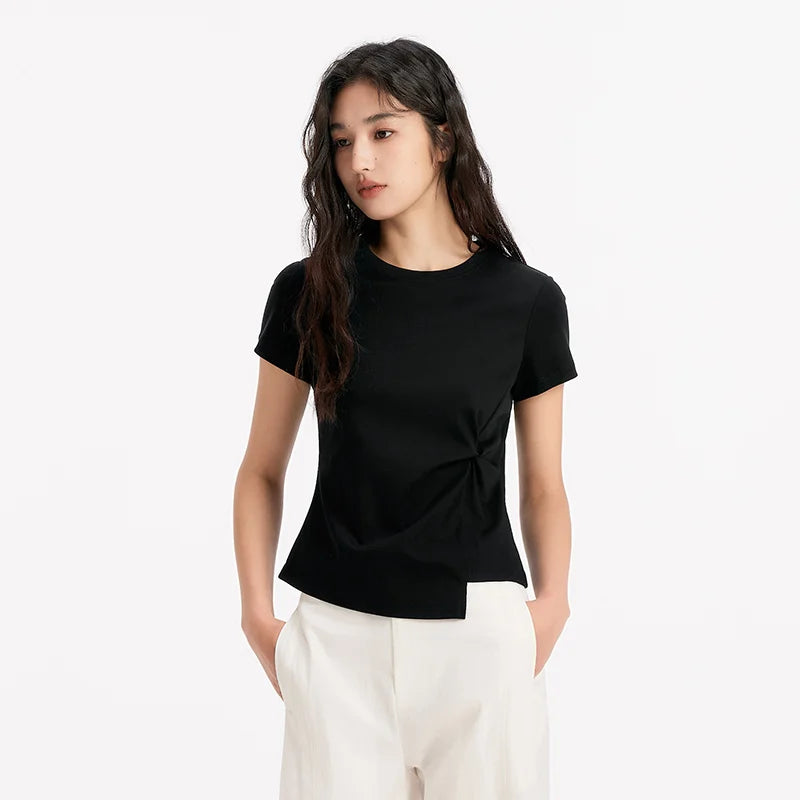 Semir Womens Tshirt 2026 Short Style Solid Slim Regular Shoulder Knot Asymmetric Design Casual Soft