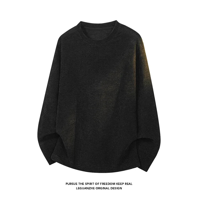Mens Textured Knit Crew Neck Pullover Long Sleeve Washed Gradient Effect Relaxed Cut For Layered Styling Outfit