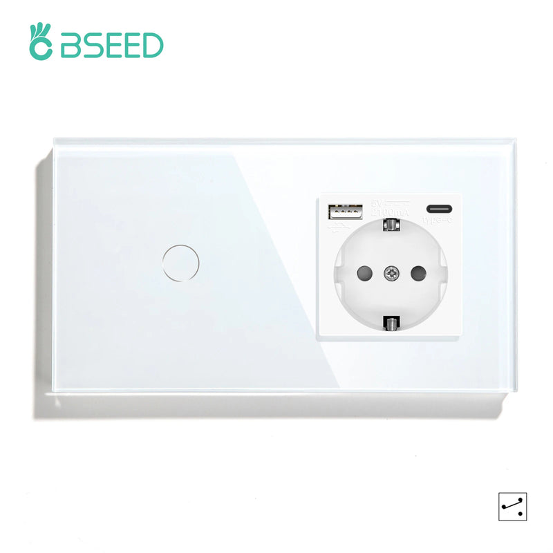 Bseed 1/2/3 Gang 2 Way Touch Light Switch with EU Socket and USB Type-C Port, Tempered Glass Wall Switch with Blue Backlight