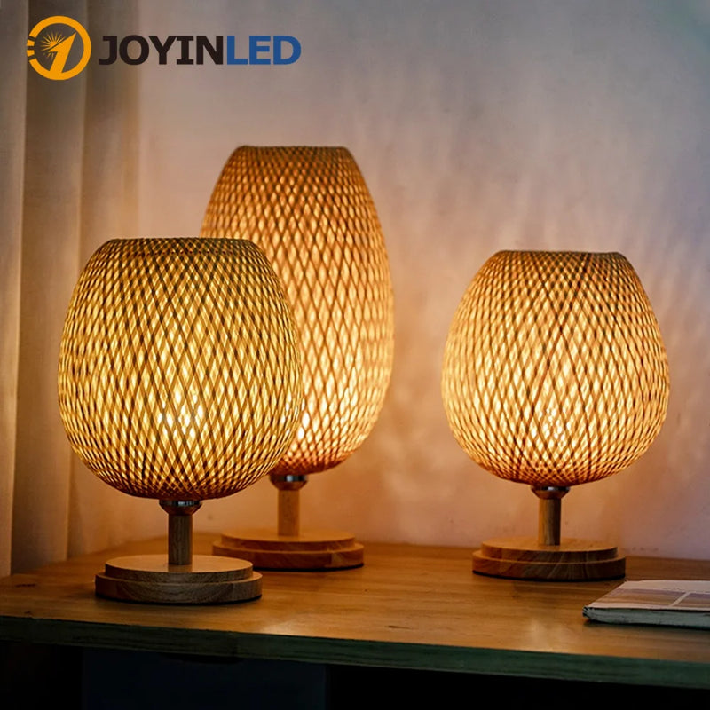Dimmable Table Lamp, Rattan Bedside Lamp with Small Vintage Nightstand Light for Bedroom Living Room Desk Wooden Wicker Shade