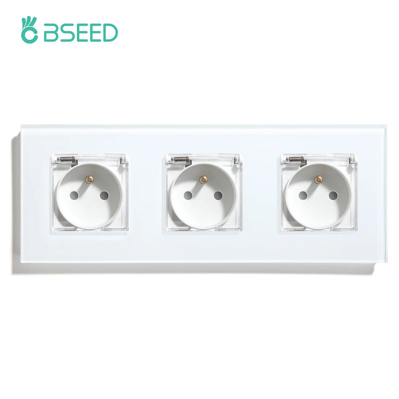 BSEED FR Standard Single Socket With Waterproof Cover Double Wall  French Outlets Triple Power Plugs 16A Glass Panel 110-250V