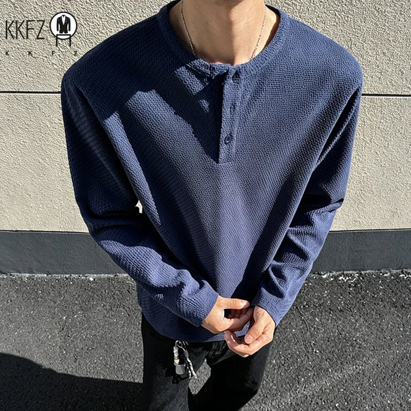 Mens Casual Loose Long Sleeve Henley Top Waffle Knit Texture Three Button Placket Breathable Fabric Daily Wear