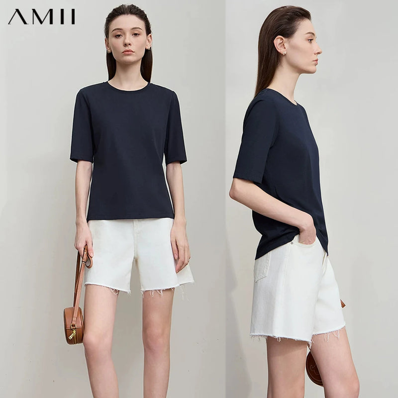 AMII Minimalism 2026 Summer T-shirts For Women New Cotton Stretch Half Sleeve Straight Solid Basics Office Lady Tops 12522172