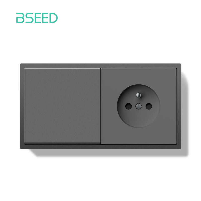 BSEED Mechanical Button Switch 1/2Gang 1Way With Wall French Socket Wall Light Switch Plastic Frame Switch On Off Black Color