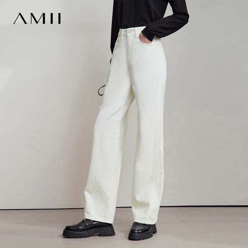 AMII Minimalist 2026 Autumn New Arrival Pants Minimalism Retro Casual Office Lady Pure Cotton Jeans Women Denim Trouser 12543141