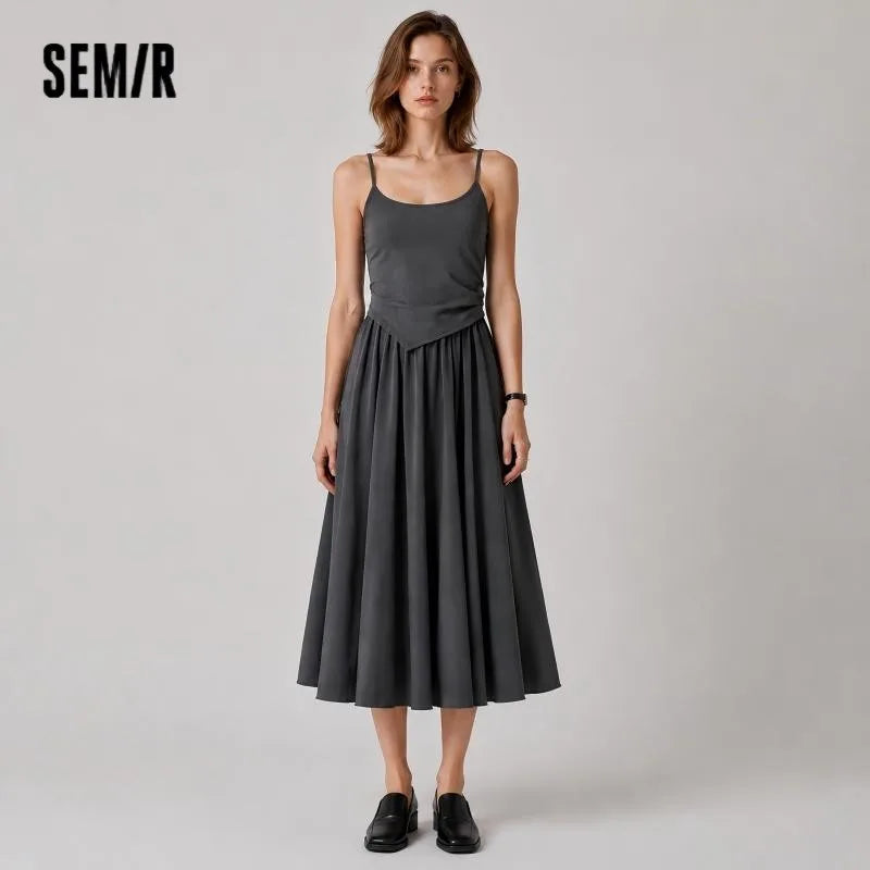 Women Dress Spliced Fake Two Piece Slim Fit Smart Casual Design Textured Maxi 2026 Summer Elegant Fashion Daily Wear Top