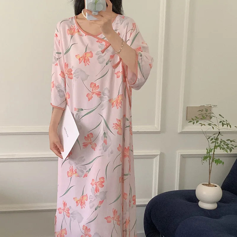 Half Sleeve Length Sleep Shirts For Women Printed Cotton Nightgowns Vintage Slim Ladies Sleepwear Dress Home Wear Nightshirt