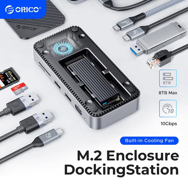ORICO M2P7 USB C HUB with Cooling Fan M.2 NVMe SATA SSD Enclosure External 10Gbps HDMI-Com RJ45 SDTF Docking Station