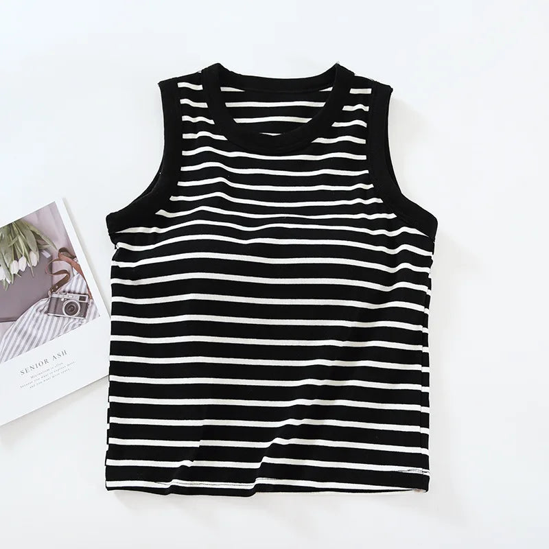 Women Sleeping Shirts New Knitted Cotton Sleepwear Tops One Piece Pajamas Striped Sleeveless Chest Pad Underwear T-shirt