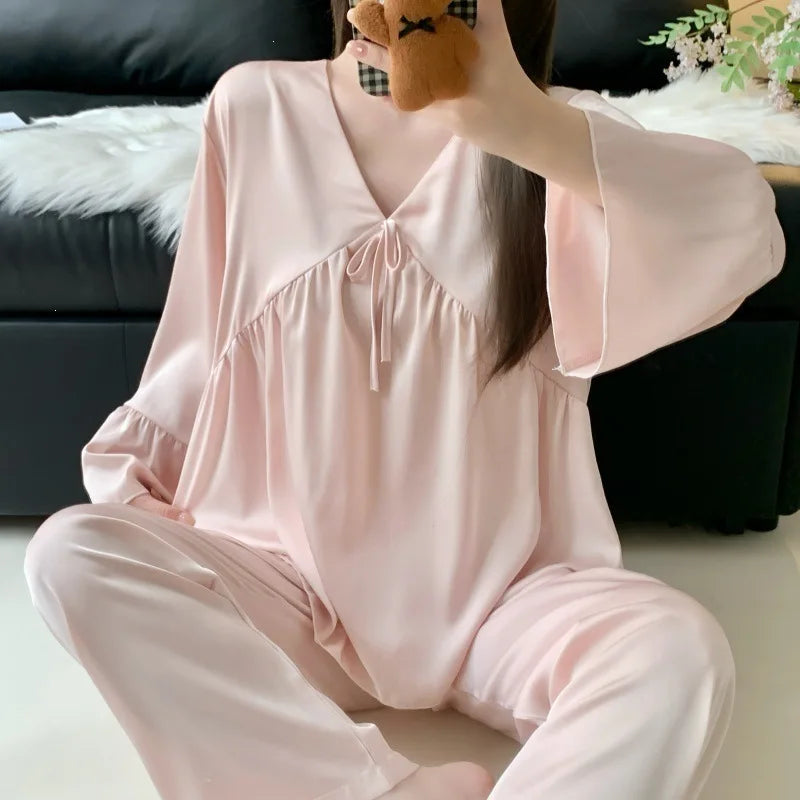 Thin Long Sleeve Pajamas V-neck Silk Pyjama Women's 2-piece Sets Spring Autumn Nightwear Female Sleep Elegant Sleepwear Pijama