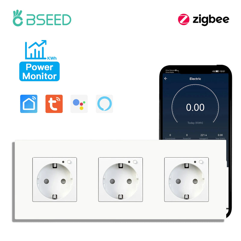 BSEED EU Standard Zigbee Wall Socket Smart Power Monitor Socket 220V 16A Plastic Panel Tuya Alexa Google Smart Life Control