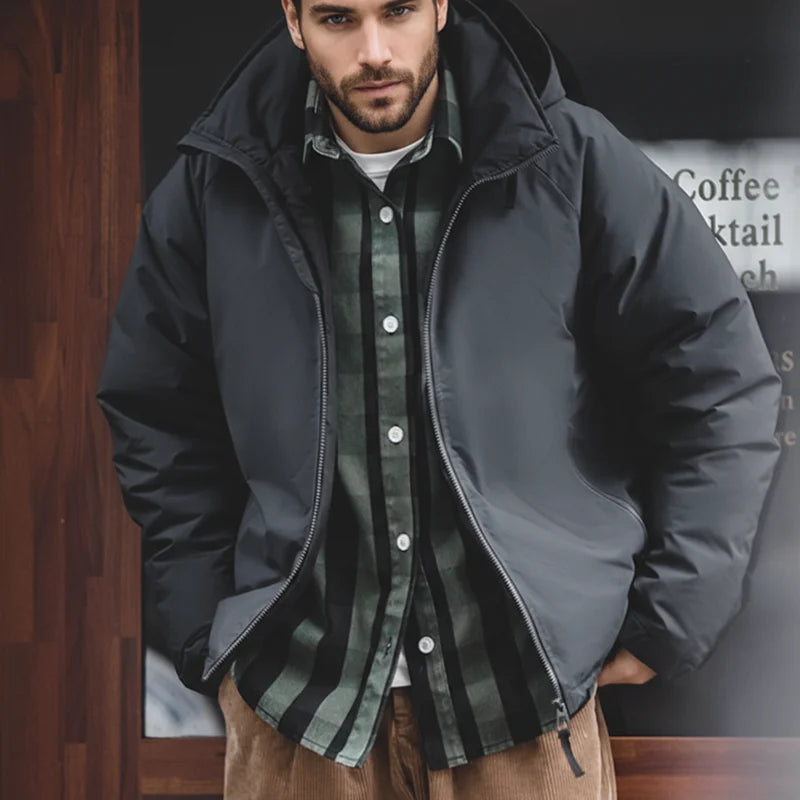 Maden Hooded Down Jacket for Men Winter Thickened Matte Glossy Fabric Parka Outdoor Warm Coat Versatile Outerwear Black Jacket