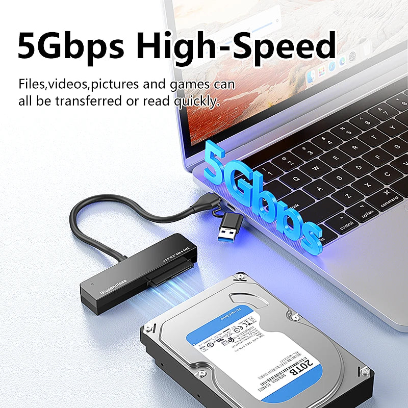ឧបករណ៍ភ្ជាប់ដ្រាយវ៍រឹង Blueendless USB3.0 ទៅ SAS/SATA 2.5 3.5 HDD Converter 5Gbps Type-A/C 2-in-1 គាំទ្រអតិបរមា 28TB ជាមួយថាមពល 12V/2A