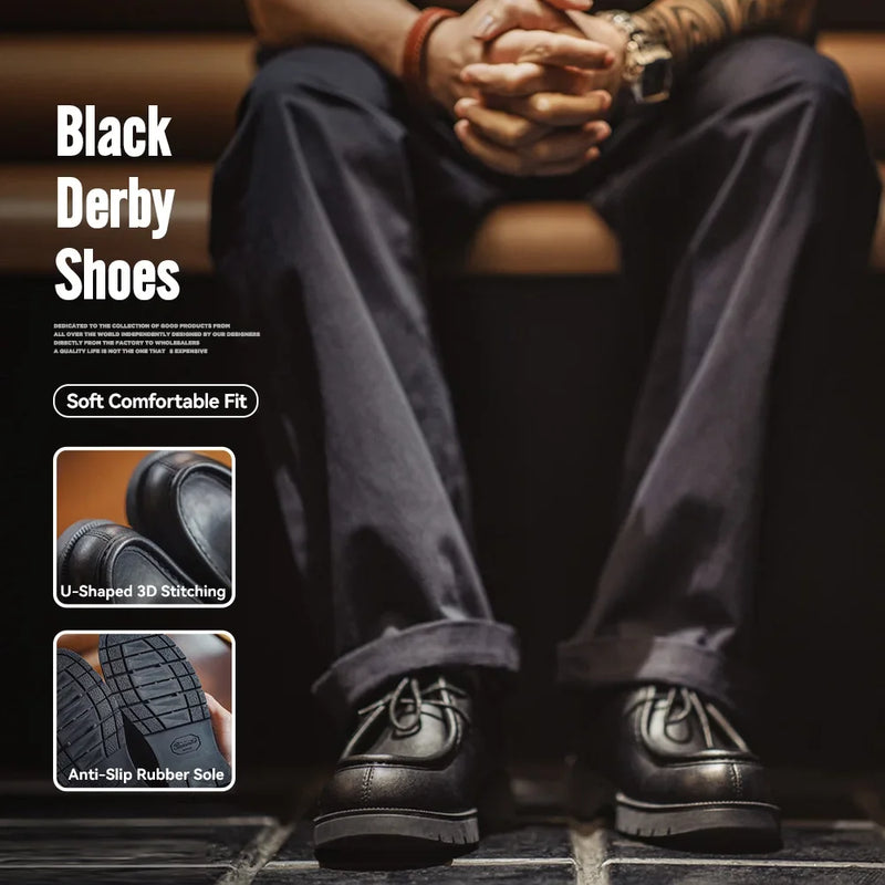 ស្បែកជើង Maden បុរស Vintage Black Derby ស្បែកចងខ្សែ Loafers ជាមួយចុងជើងមូល រចនាប័ទ្មអង់គ្លេស ពណ៌ខ្មៅ ការិយាល័យ អាវទាបសម្រាប់អាជីវកម្ម