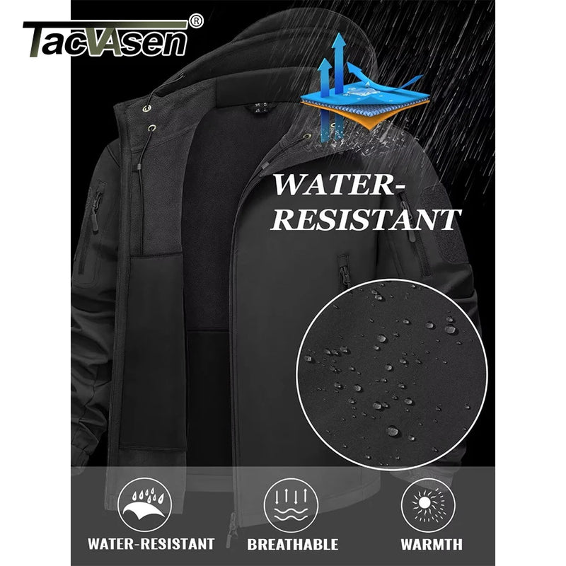 TACVASEN Men's Working Outdoors Jacket Warm Fleece Lined Hooded Coat Waterproof Soft-shell Multiple Zippered Pockets Jacket