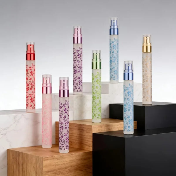 3pcs 10ml Exquisite Frosted Printed Spray Bottles,Portable Travel Perfume Atomizer Bottles,Travel Essential, Random color.