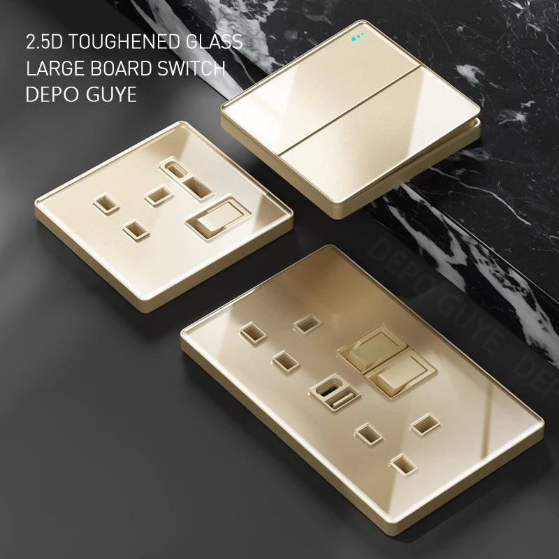 Gold UK 13A Tempered Glass USB Socket Plug,18W Type-C Fast charging Universal 3pin Dual Power Outlet,Wall 2way Light Switch