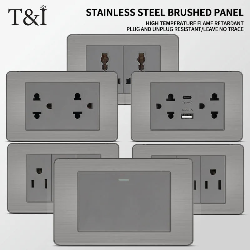 T&I 118 Premium Stainless Steel Brushed Wall Socket with USB Type - C, US Switch, Thai Plug for Home & Office Use