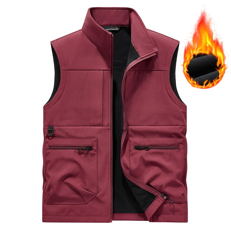 New Workwear Soft-Shell With Fleece Vest Multi-Pocket Outdoor Fishing Suit Vest Coat With Logo Printing Casual Men's Vest
