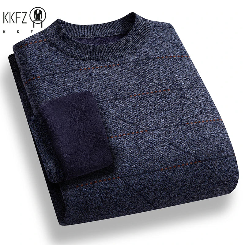 Cold Weather Men Knit Pullover Thick Plush Interior Diagonal Grid Print Design Everyday Casual Long Sleeve Warm Jumper