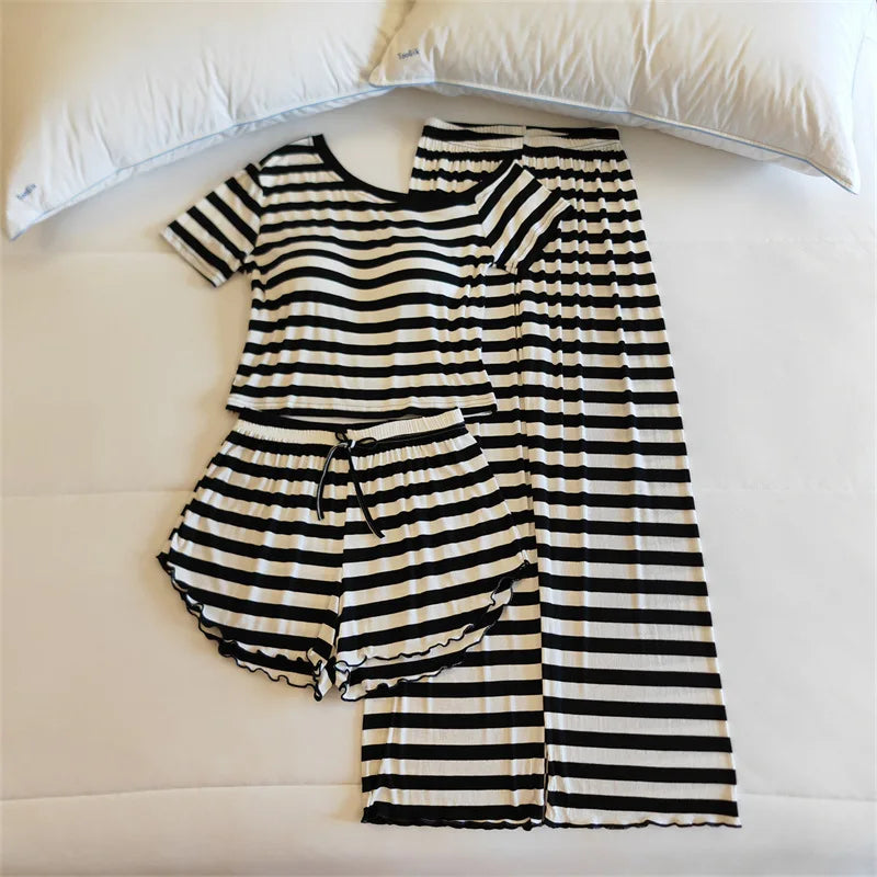 Pijamas Mujer Comfort Modal Short Sleeve Chest Pad Top Three Pieces Set Elegant Sleepwear Home Clothes Women's Pajamas Suit