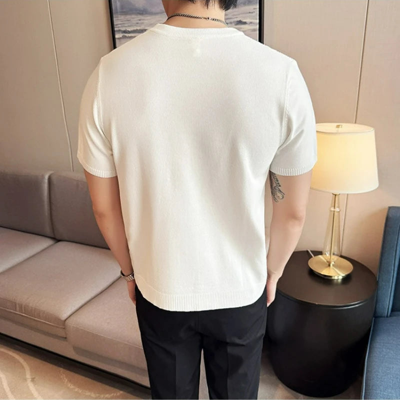 Men's Summer Slim Fit Knitted Polo Shirt - Mature Style Short Sleeve Grid Pattern Business Casual Top with Contrast Collar