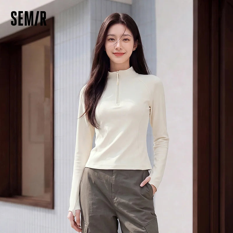 អាវយឺតប៉ាក់ Semir សម្រាប់នារី ពាក់កណ្ដាលមានហ្ស៊ីប ក កម្ដៅ ស្ដើងសម ដៃអាវ Raglan រចនាបន្ទះ 2026 សម្លៀកបំពាក់រដូវរងាថ្មីប្រចាំថ្ងៃ