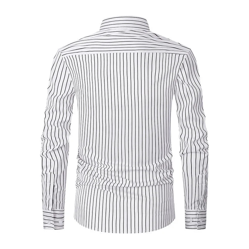 2026 Men's Pink Long-Sleeve Striped Shirt, White Single-Breasted Lapel Shirts, Available in Black or Blue.