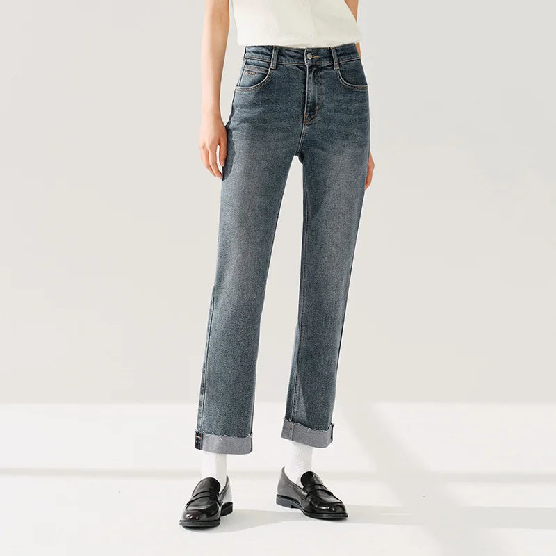 Semir Soft Jeans Women Raw Hem Straight Leg Egg Roll Pants Leg Slimming Trousers 2026 Spring Fashion Casual Bottoms