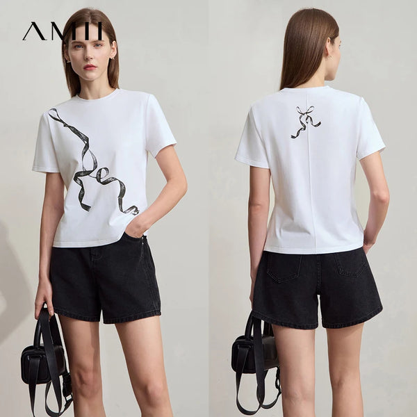 អាវយឺត Amii Minimalism Casual រដូវក្តៅឆ្នាំ ២០២៥ ថ្មីសម្រាប់នារី ក O ត្រង់ បោះពុម្ពត្រជាក់ ប្រឆាំងមេរោគ កប្បាសទឹកកក លាតសន្ធឹង អាវយឺត 12542084