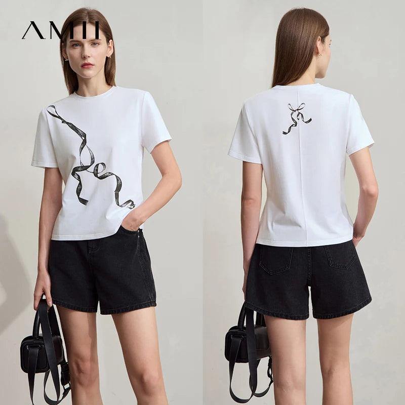 អាវយឺត Amii Minimalism Casual រដូវក្តៅឆ្នាំ ២០២៥ ថ្មីសម្រាប់នារី ក O ត្រង់ បោះពុម្ពត្រជាក់ ប្រឆាំងមេរោគ កប្បាសទឹកកក លាតសន្ធឹង អាវយឺត 12542084