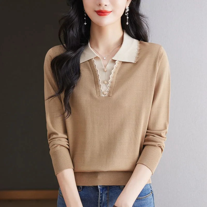 Pull Femmes Tendances 2025 Jersey Fashion Lapel Shirt Spring Autumn Woolen Tops Female Clothing Knitwear Women's Sweater Blouse