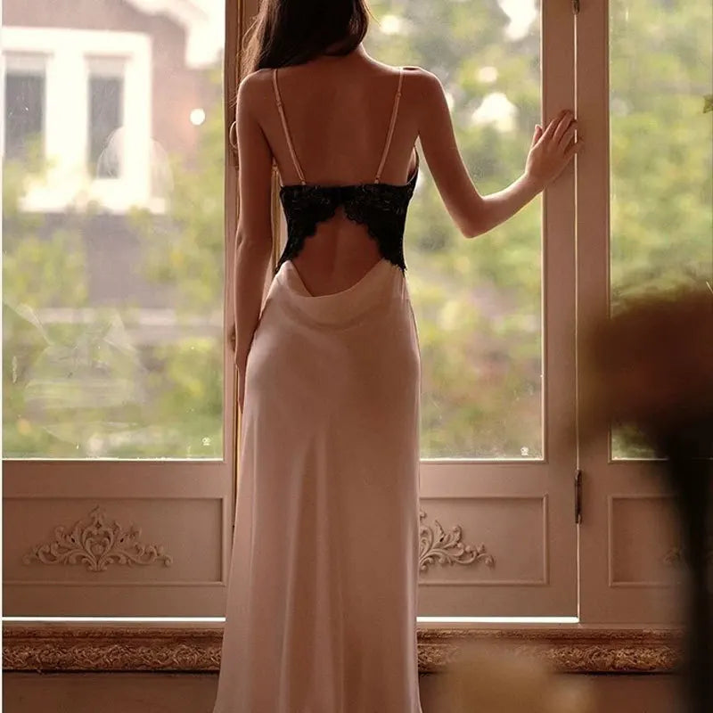 Sexy Chemise Sleepwear Lace Backless Nightdress Ice Silk Pajamas Women Lingerie Long Home Dressing Gown Nightgown Loungewear