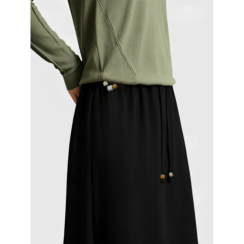 Amii Long Skirt 2026 Autumn New Drawstring Waist Casual Knit Women's Skirt Stretch Loose Daily Wear Flowy Woman Clothes 12643010