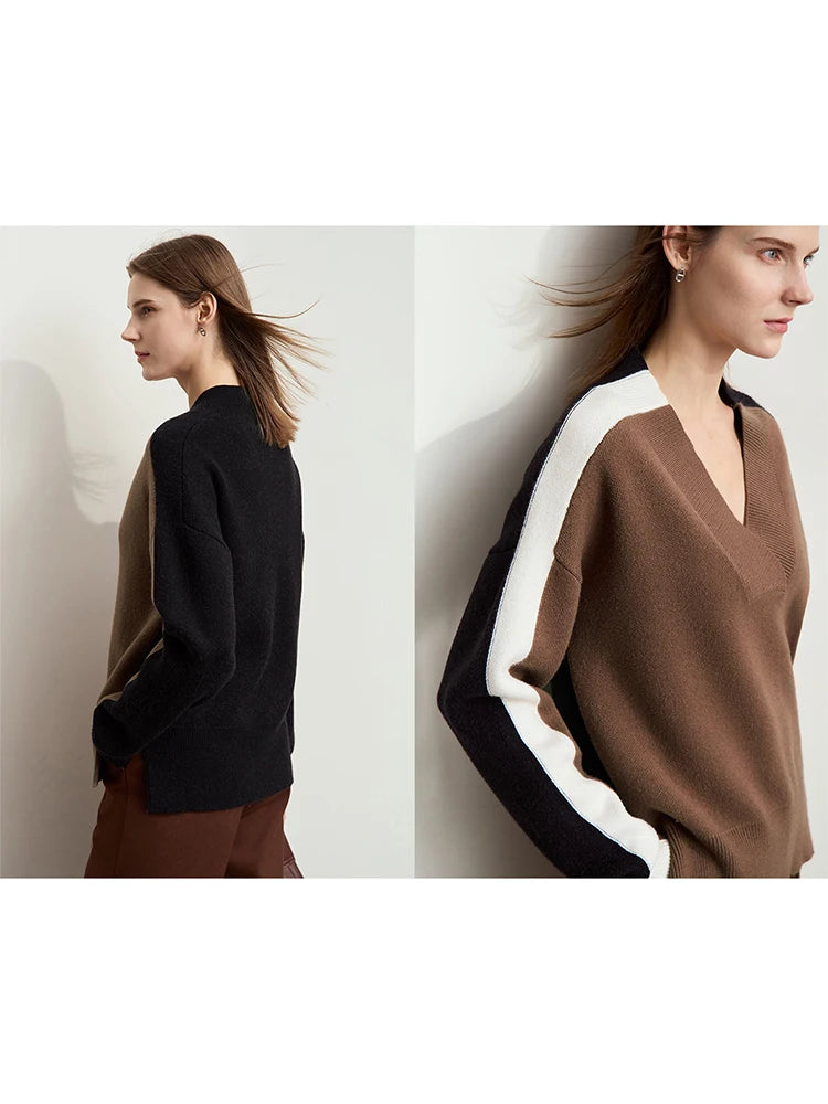 AMII Minimalist Women's Contrast Color Spliced Sweater 2026 Winter V-neck Drop Cuff Sesame Bottom Jacquard Loose Tops 12444122