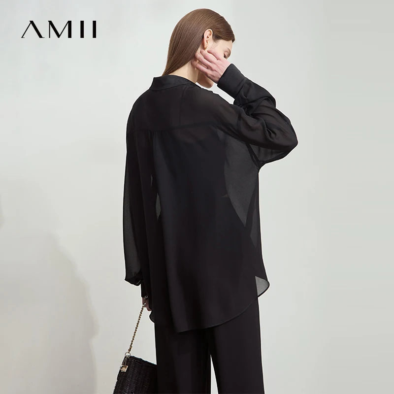 Amii Women 2026 Summer Chiffon Shirts Loose Solid V-neck Dropped Shoulder Long Sleeves Thin See Through Loose Blouse 12512024
