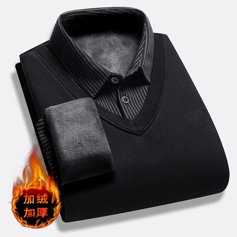 Cold Weather Mens Fake Waistcoat Sweater Soft Fleece Lining Vertical Striped Long Sleeve Collared Knit Workplace Inner Shirt