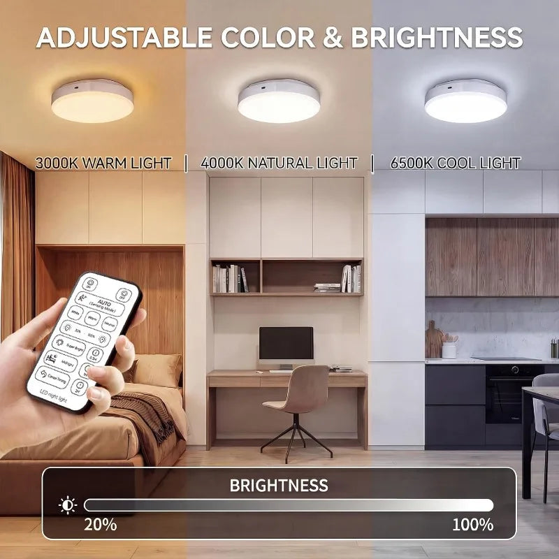 Rechargeable Radar Motion-sensing Ceiling Lamp with Remote,Wireless LEDLight No Wiring, Dimmable Always-on Mode for Shower Areas