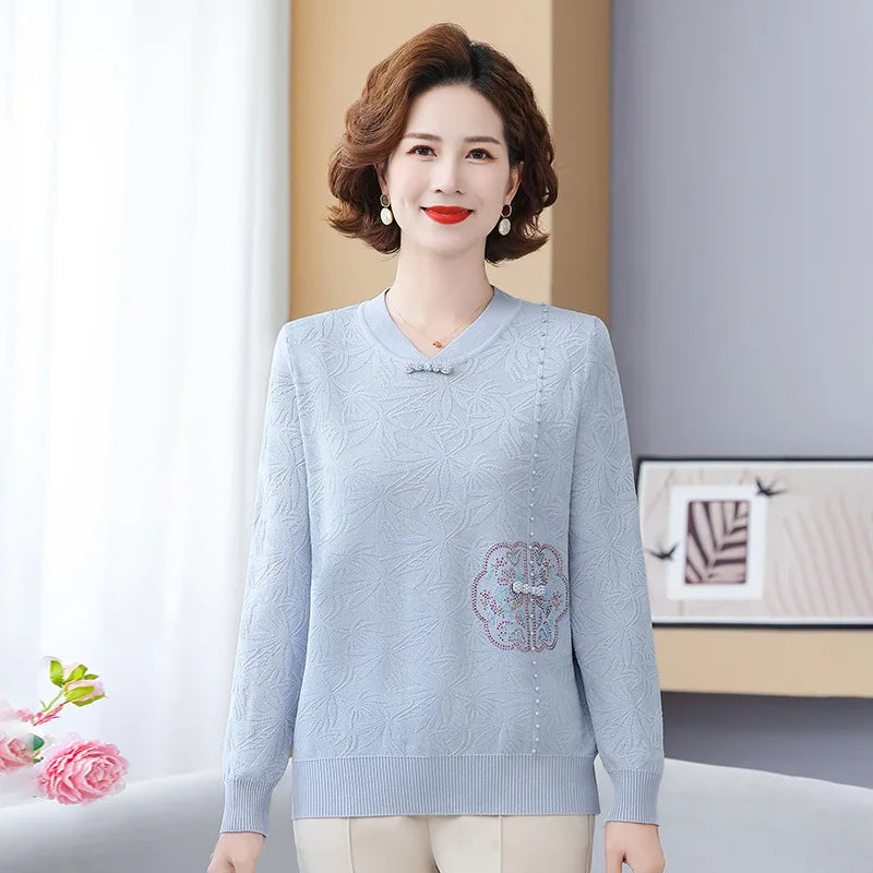 Sweater Women Trends 2025 Vintage Print Middle Aged Mother Pullover Tops Spring Autumn Woolen Jumper Knitwear Female Clothing