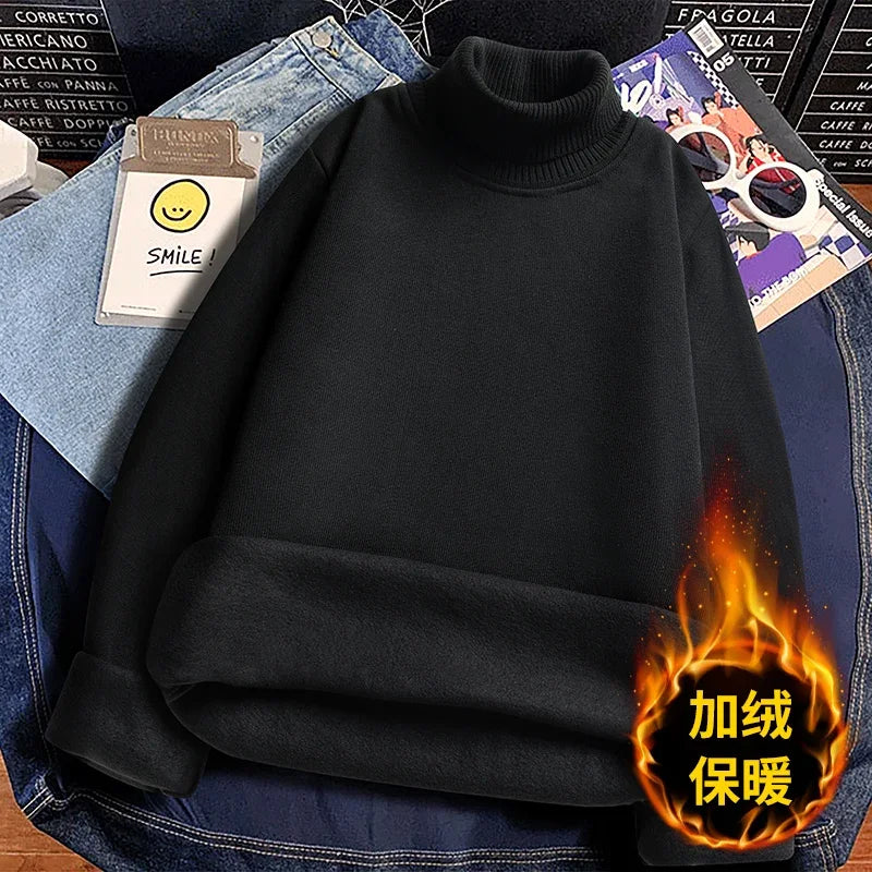 Winter Thermal Base Layer Men High Collar Knitted Pullover Full Fleece Lined Soft Long Sleeve Daily Commute Sweater