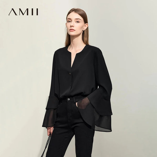 Amii Women's Autumn Blouse 2026 New Solid Color V-Neck Ruffle Double Layer Chiffon Top Loose French Style Elegant Shirt 12611024