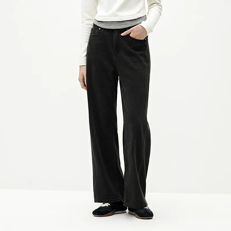 Semir Women Jeans Slim Fit Wide Leg Solid Color Open Hem 2026 Winter Everyday Style Full Length Comfort Fit Denim Fabric