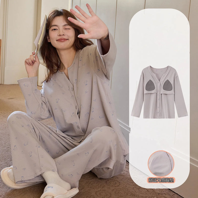 Korean Cotton Chest Pad Long Sleeve Top Trouser Sets Casual Home Suit For Women Spring Autumn Sleepwear Women's Pajamas
