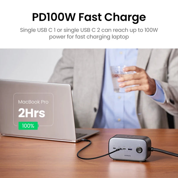 ឆ្នាំងសាក UGREEN 100W GaN Desktop Charger Power Strip Charging Station Fast Charger សម្រាប់កុំព្យូទ័រយួរដៃ Macbook iPhone 17 16 Pro ឆ្នាំងសាកទូរស័ព្ទ