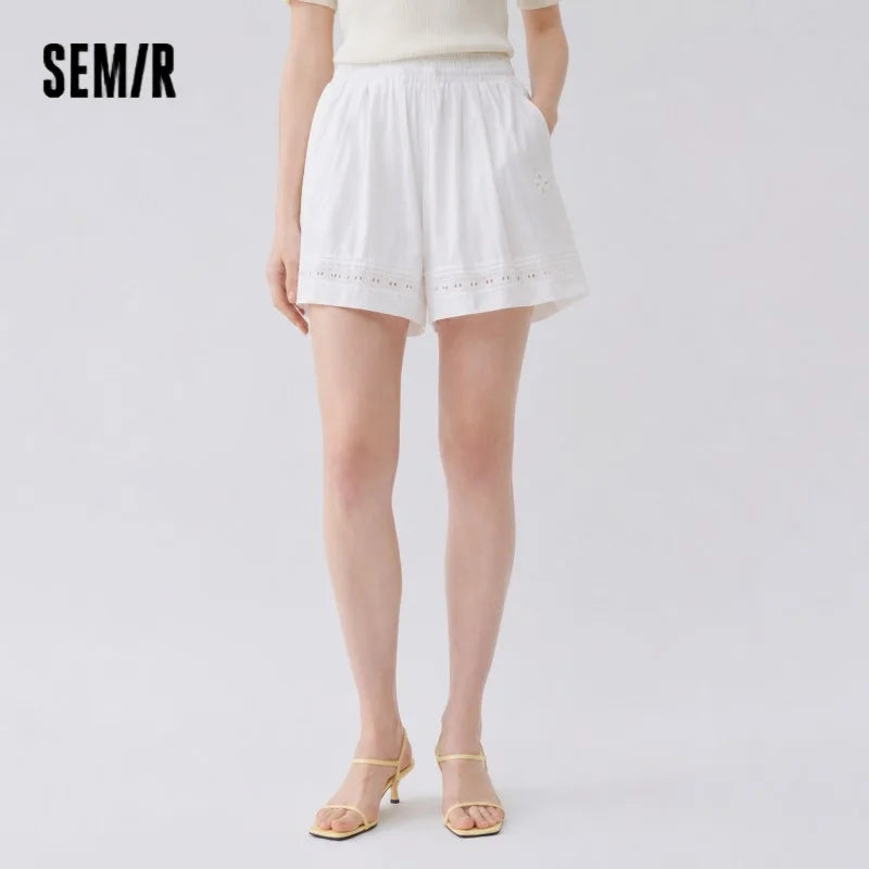 Semir Women Pants Casual Hollow Embroidered White Loose Minimalist Gentle 2026 Summer Fashion Daily Casual Top